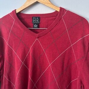 JOS A BANK Mens XL Red Argyle V Neck Sweater Executive Collection 100% Cotton